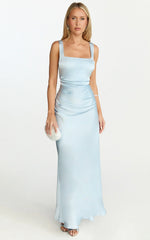 Rumi Midi Dress - Rushed Bodiest Satin Dress in Pale Blue