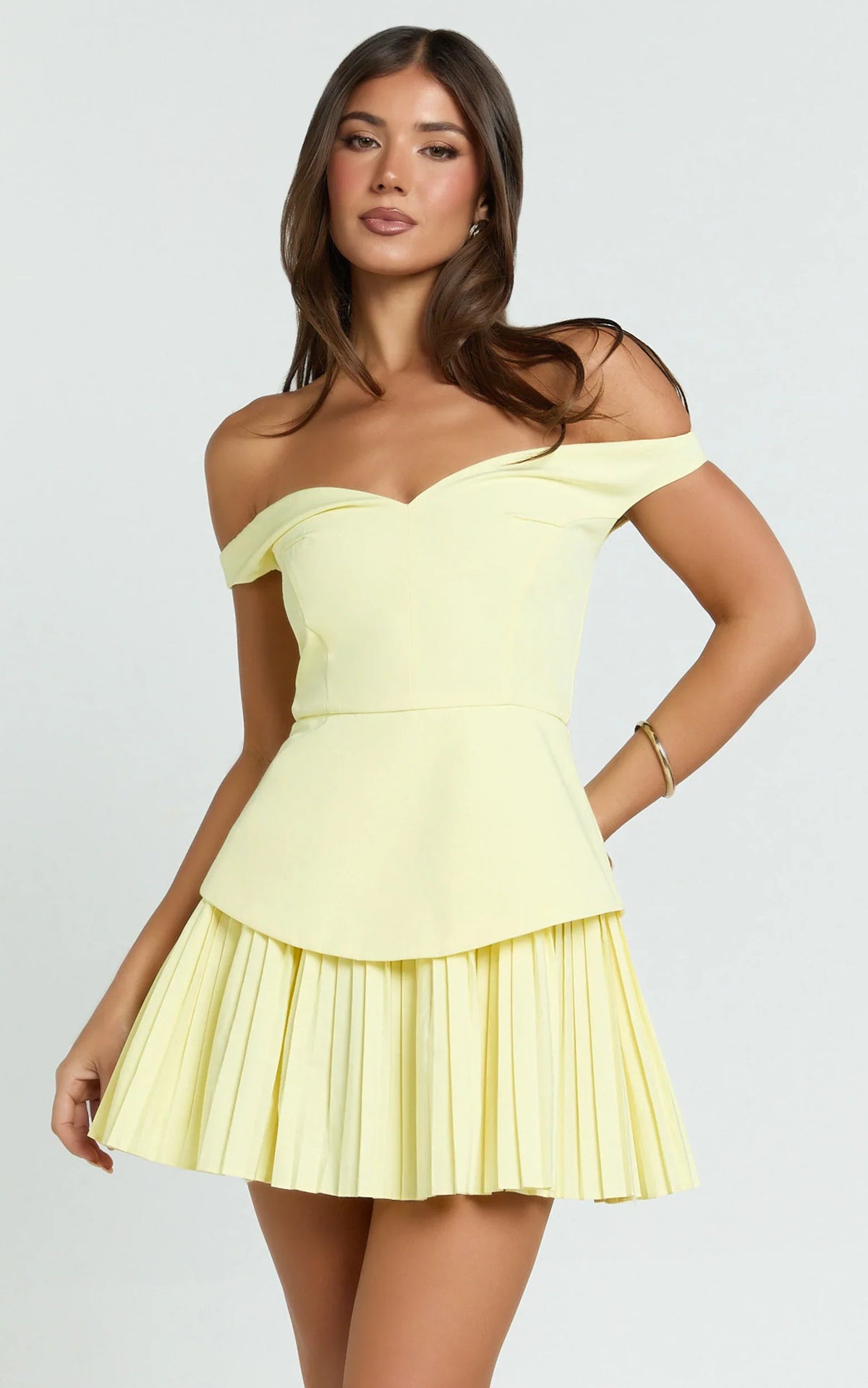 Izara Mini Dress - Off Shoulder Pleated Dress in Lemon