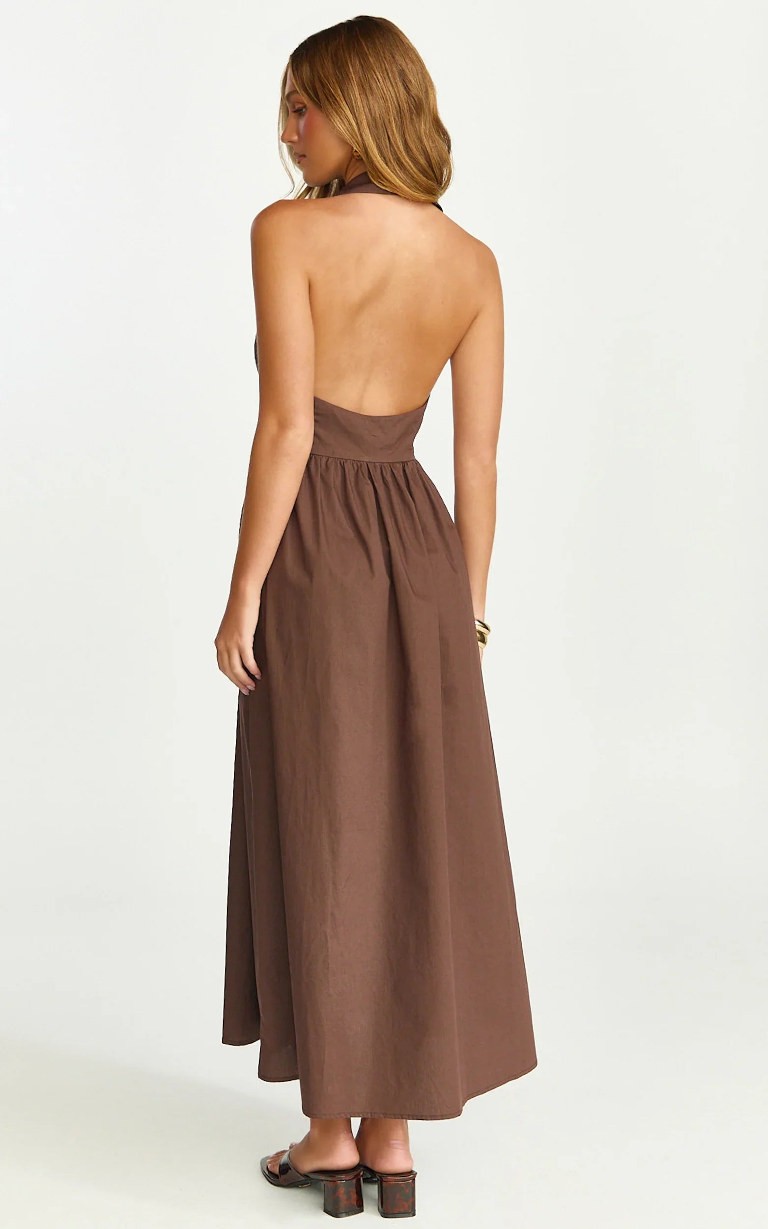 Ruby Midi Dress - Collared Button Down Gathered Waist Skirt Fit And Flare Dress in Dark Chocolate