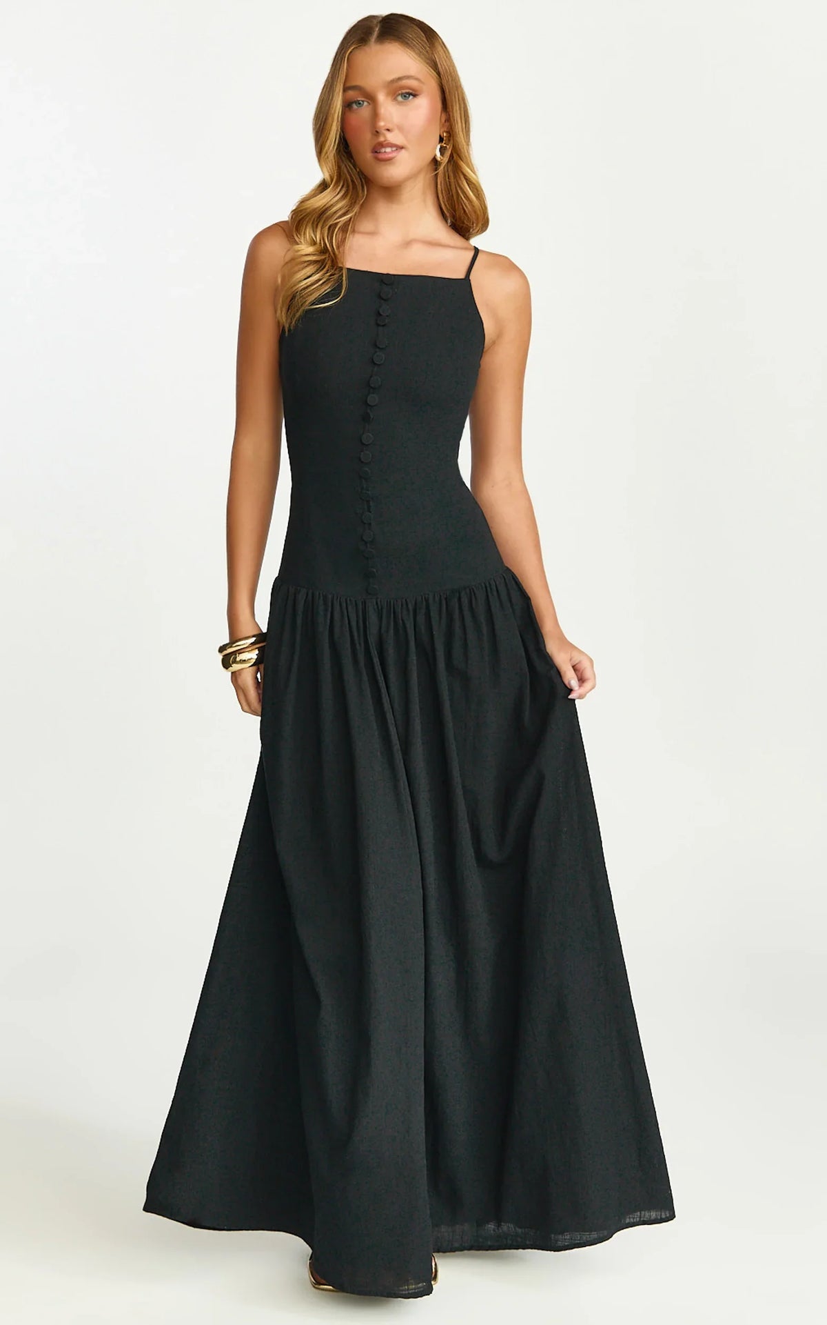 Cortez Maxi Dress - Square Neck Button Down Dropped Waist Dress in Black