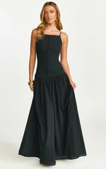 Cortez Maxi Dress - Square Neck Button Down Dropped Waist Dress in Black