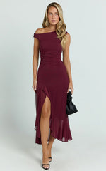 Judee Midi Dress - One Shoulder High Side Split Dress in Wine