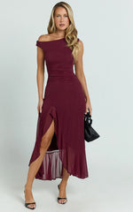 Judee Midi Dress - One Shoulder High Side Split Dress in Wine