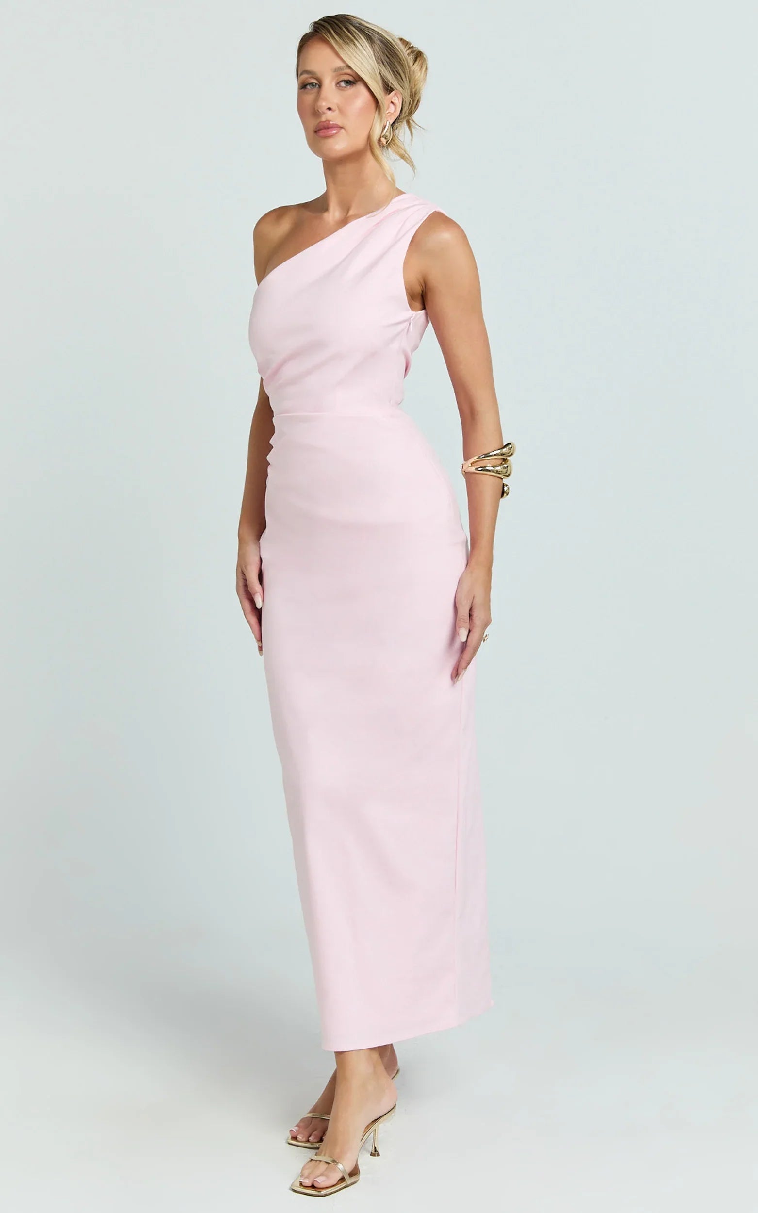 Karlie Midi Dress - One Shoulder Fitted Dress in Pink