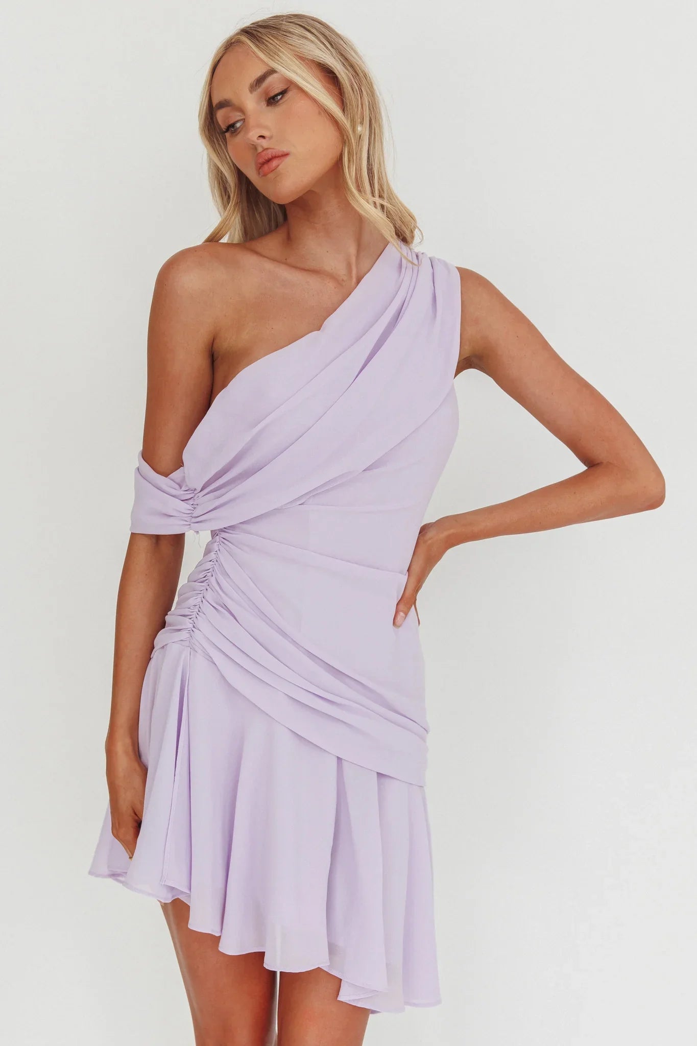 Anaisa One-Shoulder Draped Mini Dress Cream