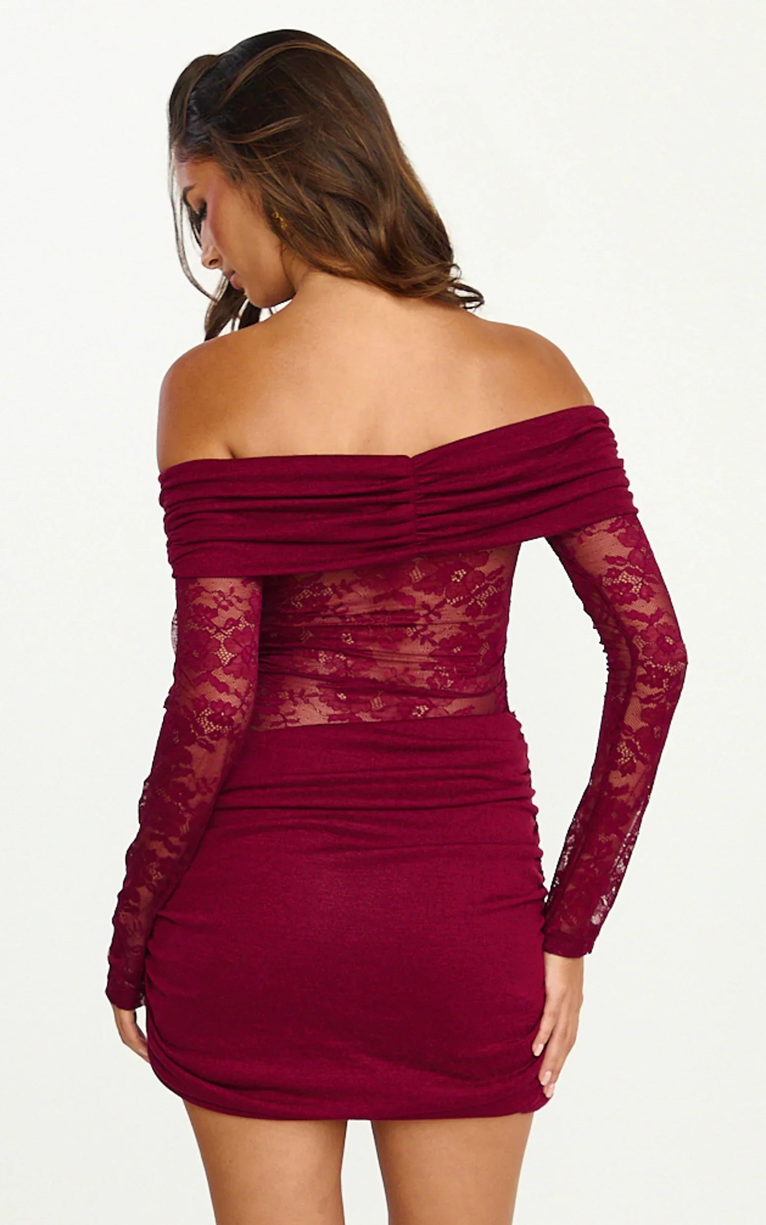 Juliet Mini Dress - Off Shoulder Lace Contrast Bodycon Dress in Wine