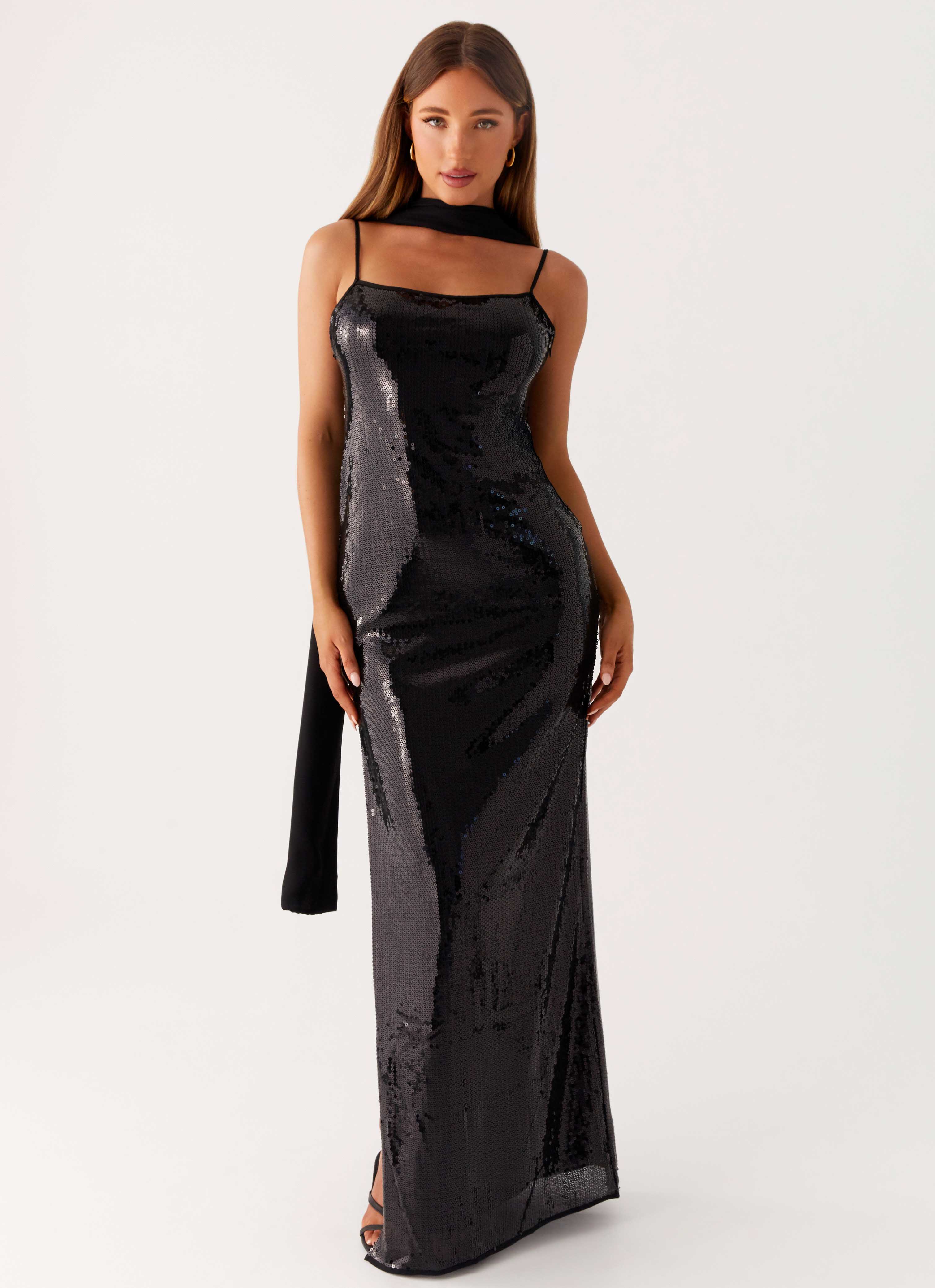 Scarf Neck Sequins Maxi Dress - Black
