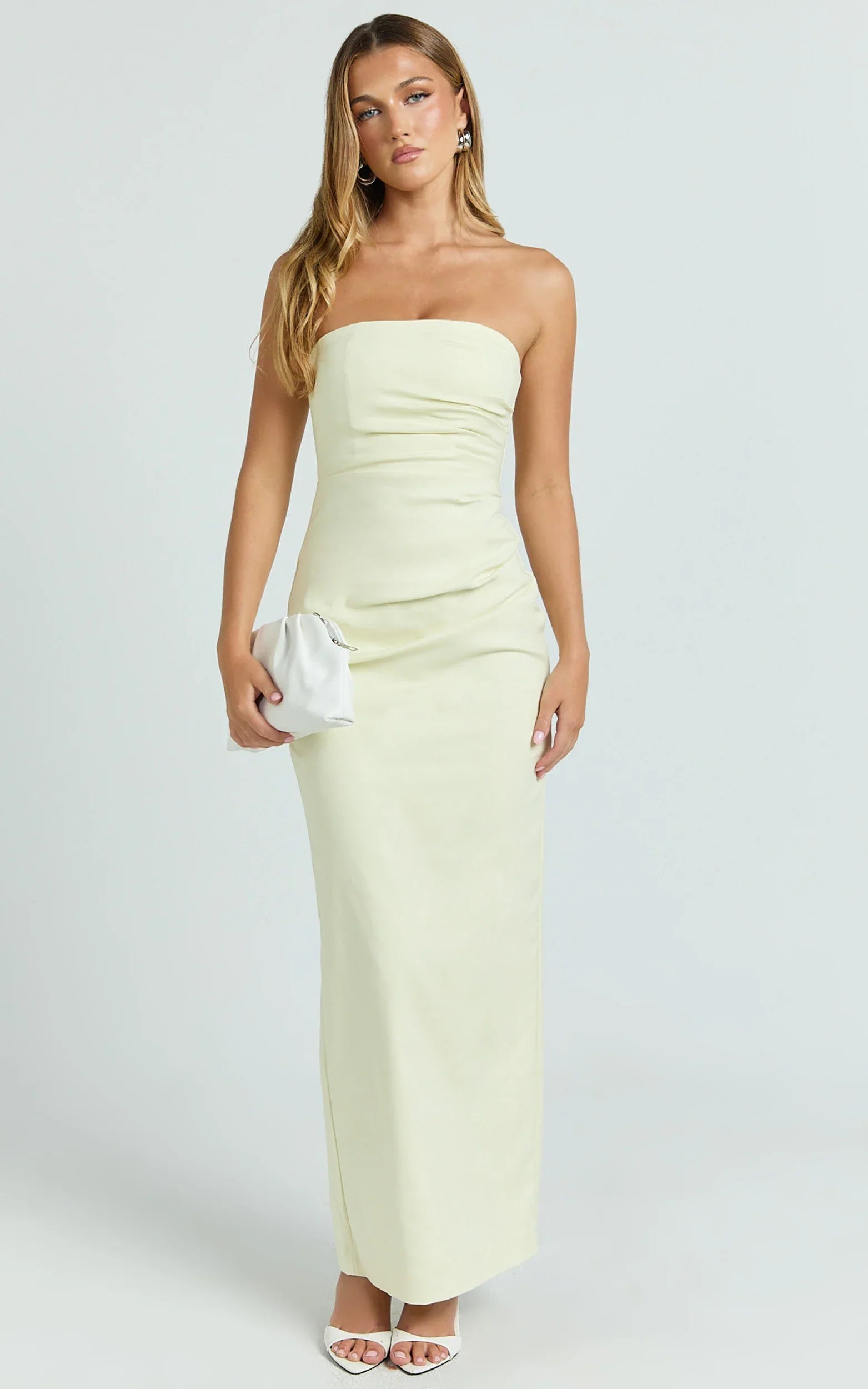 Jamie Maxi Dress - Strapless Ruched Fitted Column Dress in Lemon