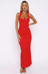 Champagne High Halter Maxi Dress Red