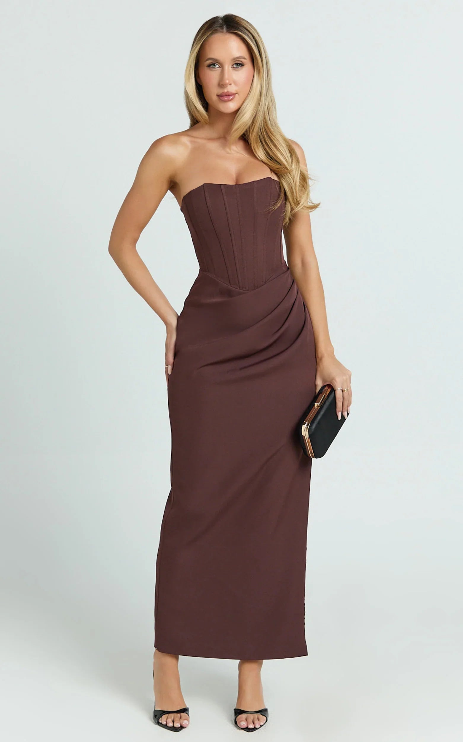 Avery Midi Dress - Strapless Draped Side Split Dress in Chocolate