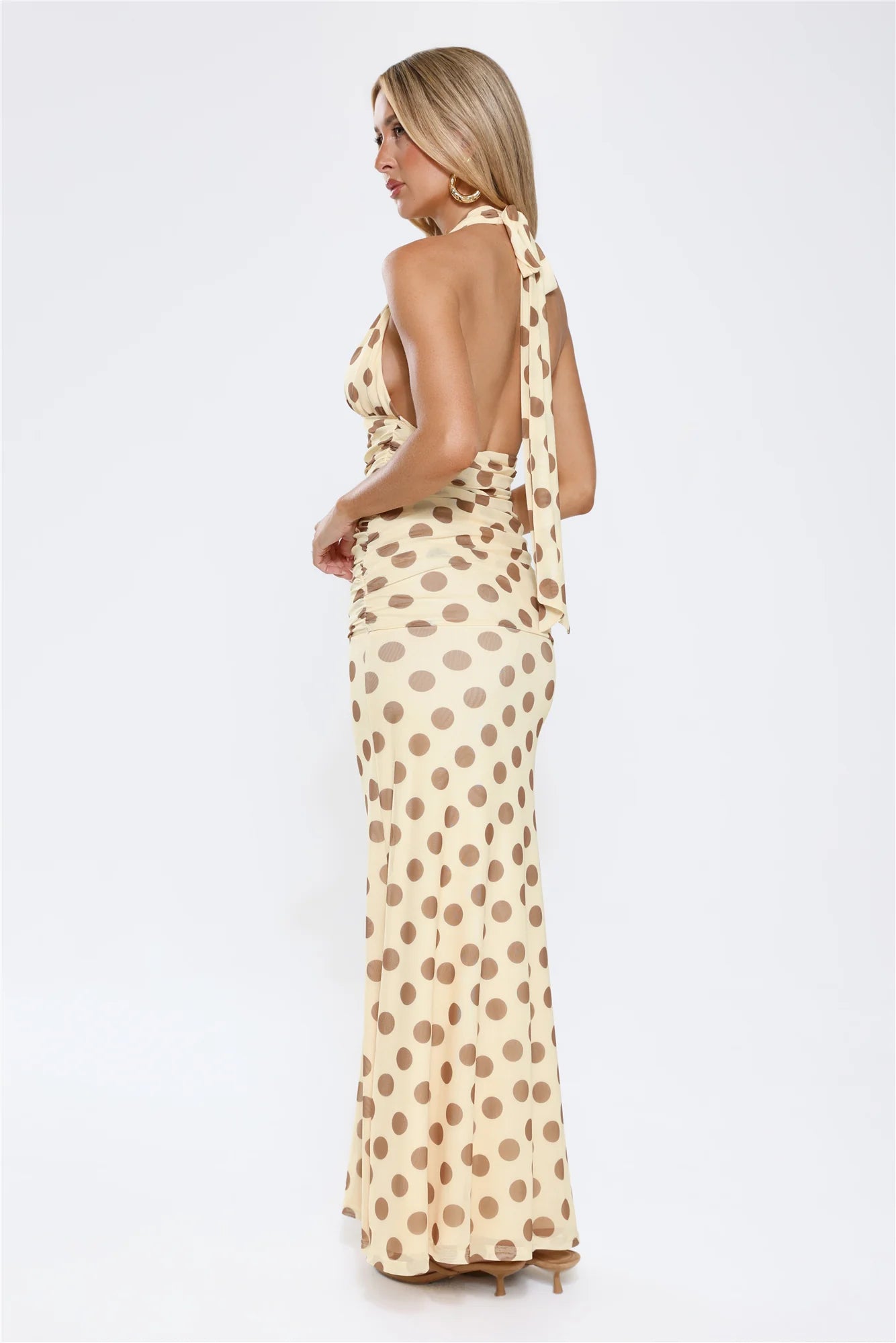 Nightlife Icon Halter Polka Dot Maxi Dress Yellow