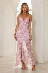 Delicate Floral Lace Trim Maxi Dress Pink