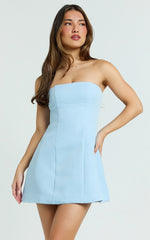 Catharine Mini Dress - Strapless A Line Dress in Blue