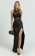 Reeves Maxi Dress - Contrast Lace High Neck Fitted Satin Dress in Black