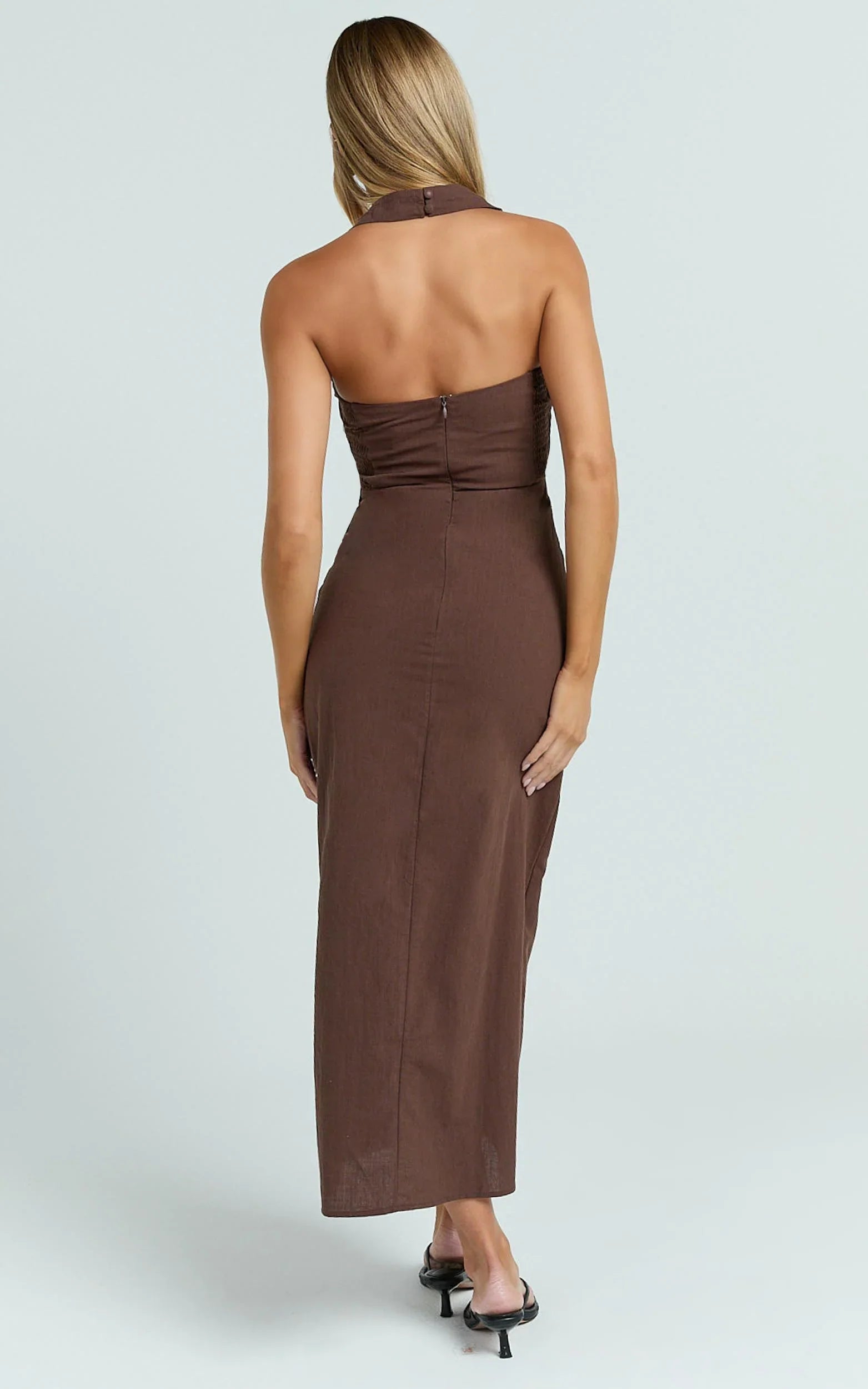 Murray Midi Dress - Deep U Halter Neck Dress in Chocolate