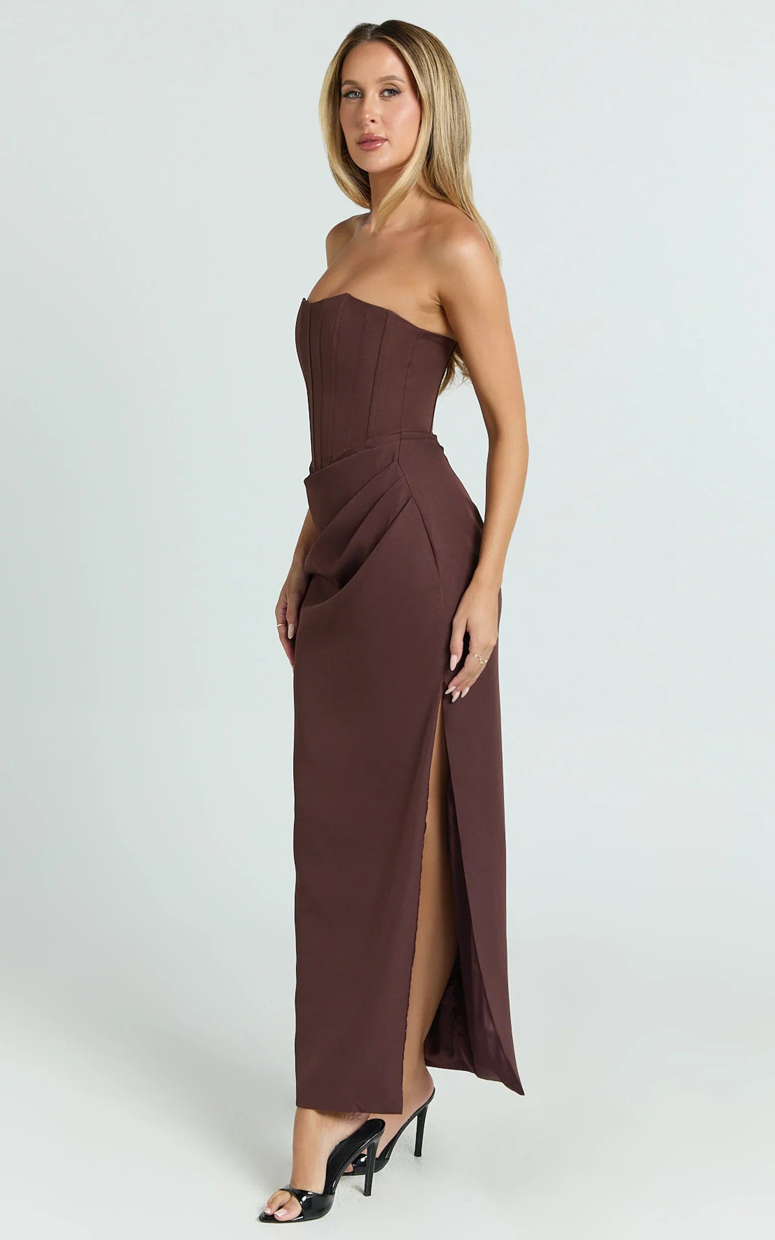 Avery Midi Dress - Strapless Draped Side Split Dress in Chocolate