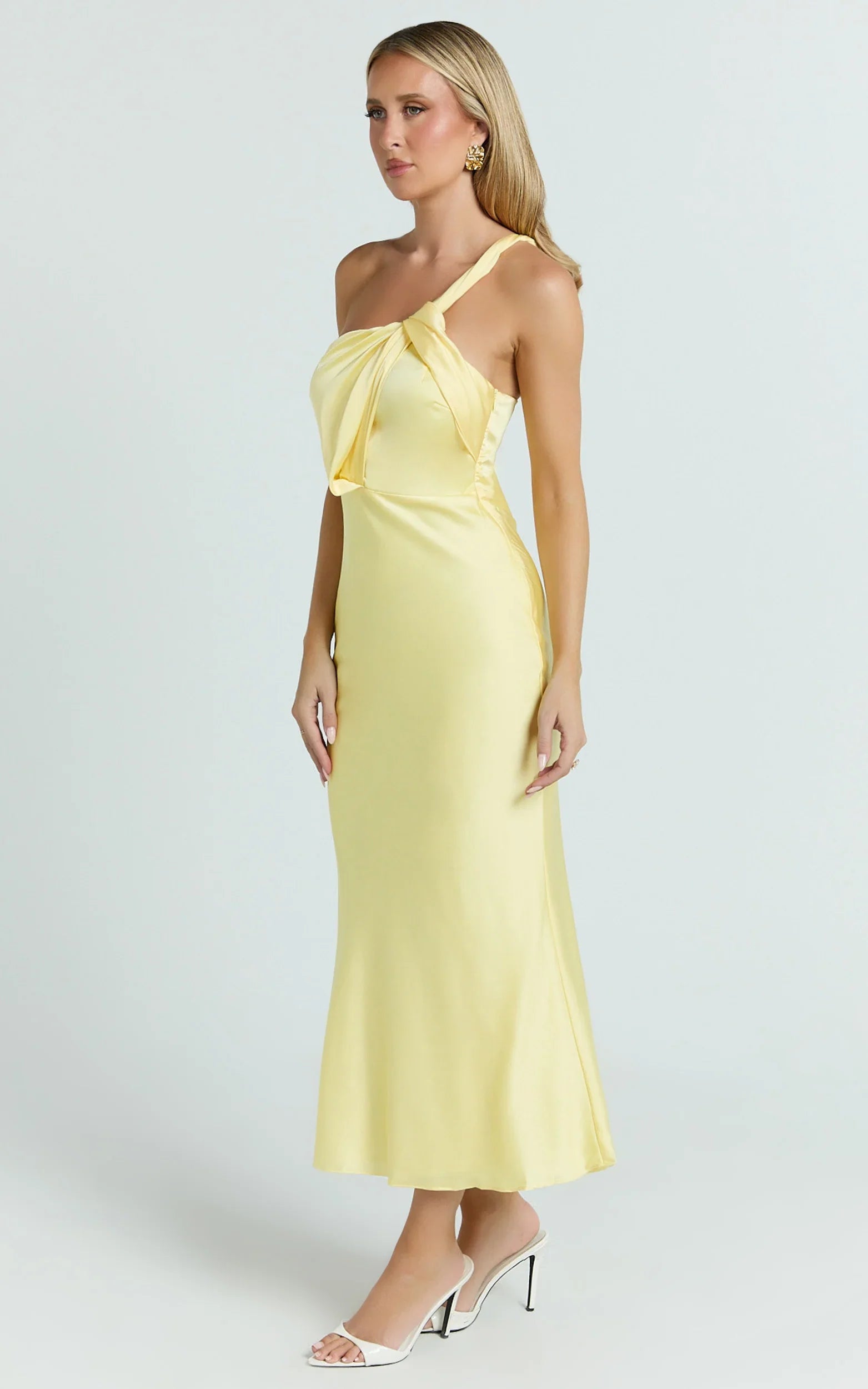 Carmella Midi Dress - One Shoulder Twist Detail Dress in Butter Yellow