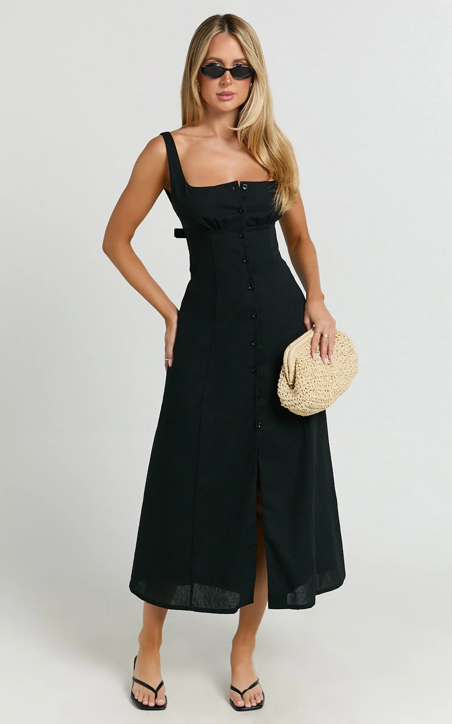 Cameron Midi Dress - Button Front Tie Back Dress in Black