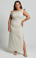 Cincinnati Midi Dress - Off The Shoulder Side Split Column Linen Dress in Beige