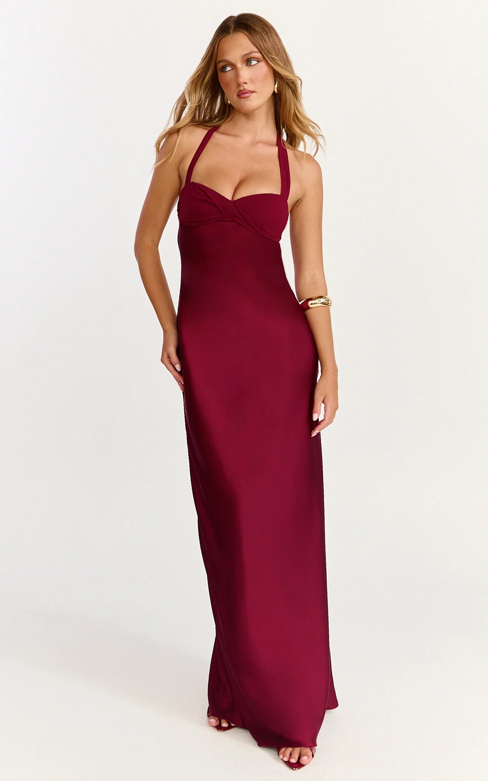 Flynn Maxi Dress - Satin Halter Sweetheart Neck Dress in Wine