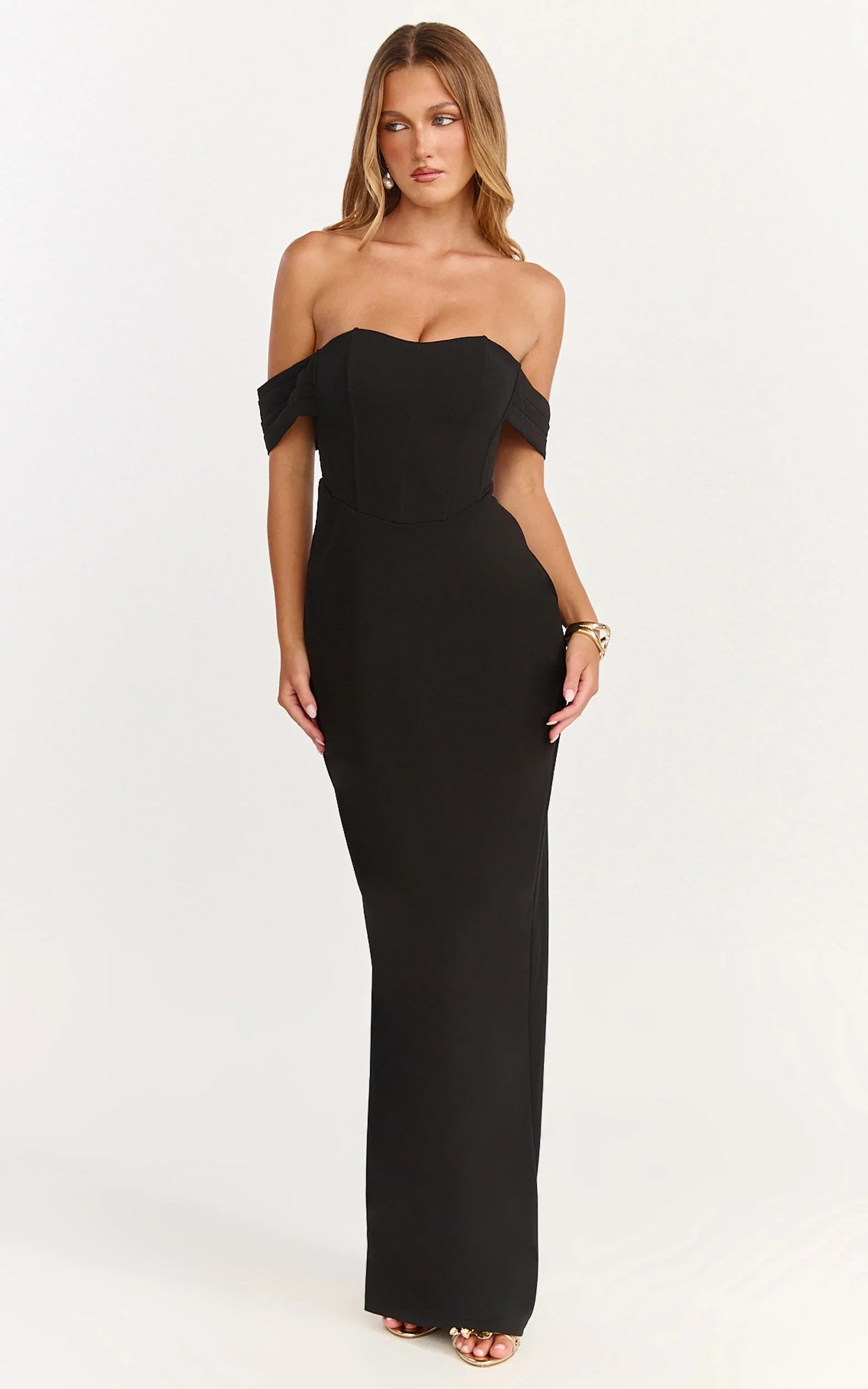 Karina Maxi Dress - Off Shoulder Corset Bodice Lace Up Back Dress in Black