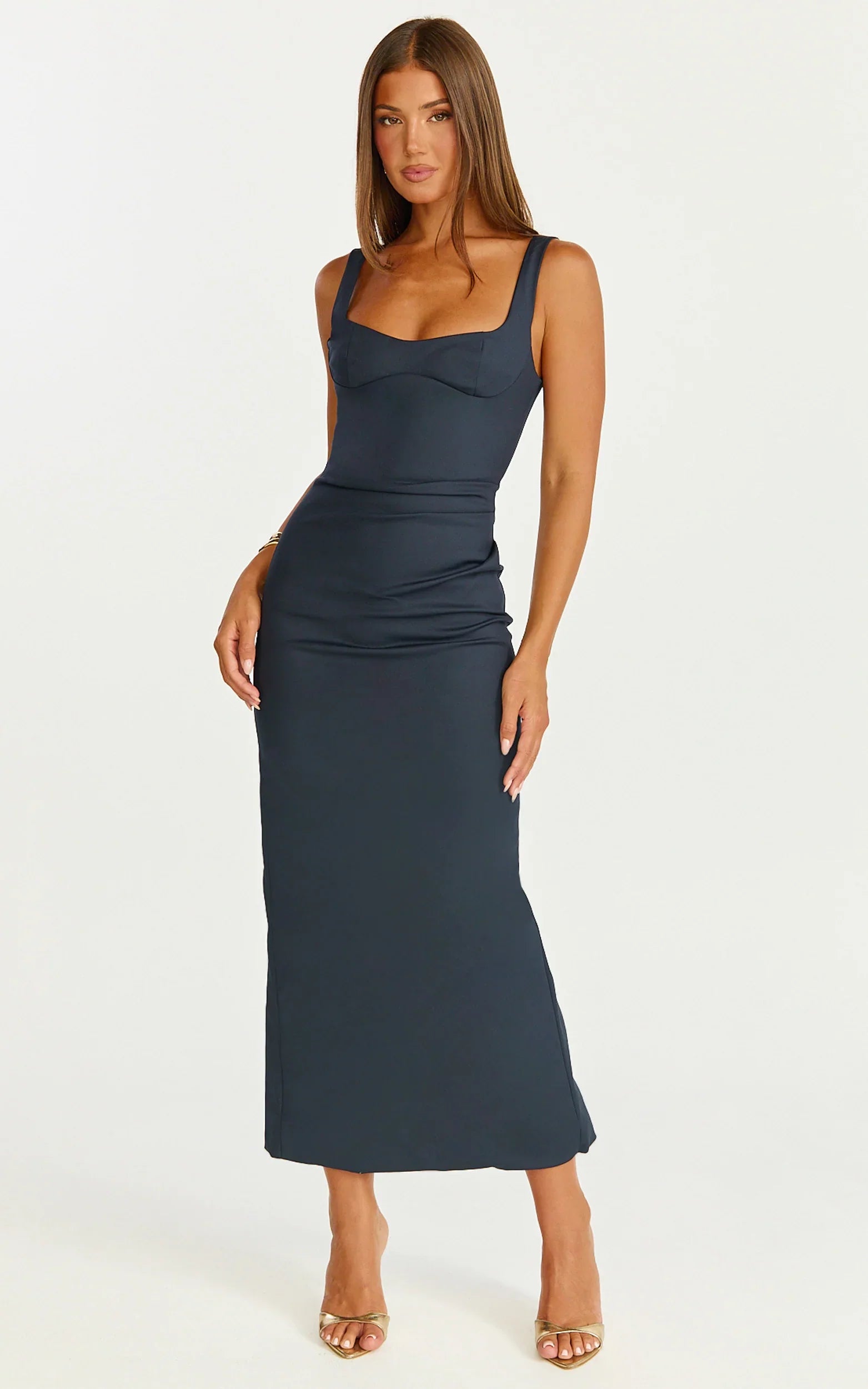 Benita Midi Dress - Scoop Neck Ruched Fitted Dress in Navy