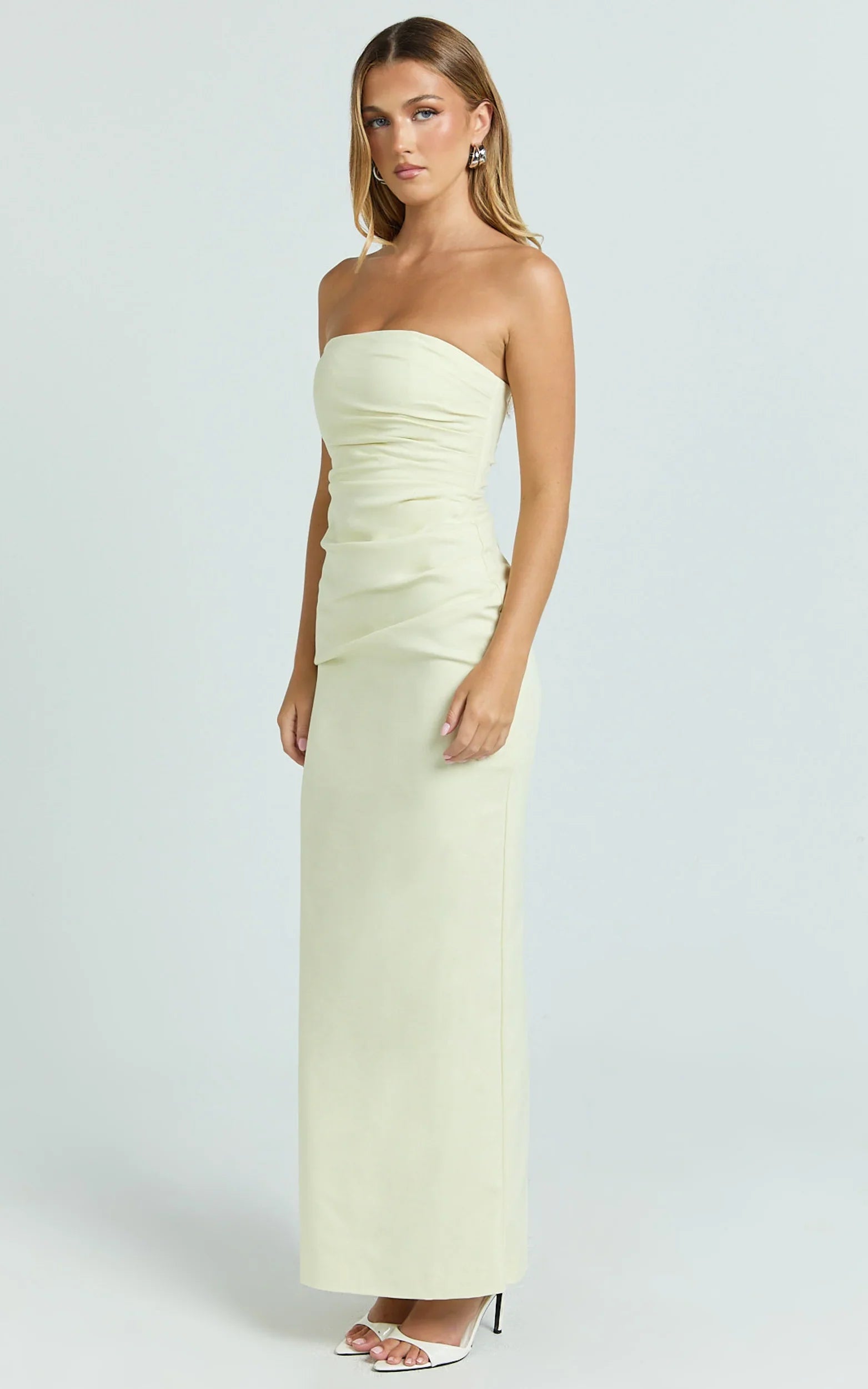 Jamie Maxi Dress - Strapless Ruched Fitted Column Dress in Lemon