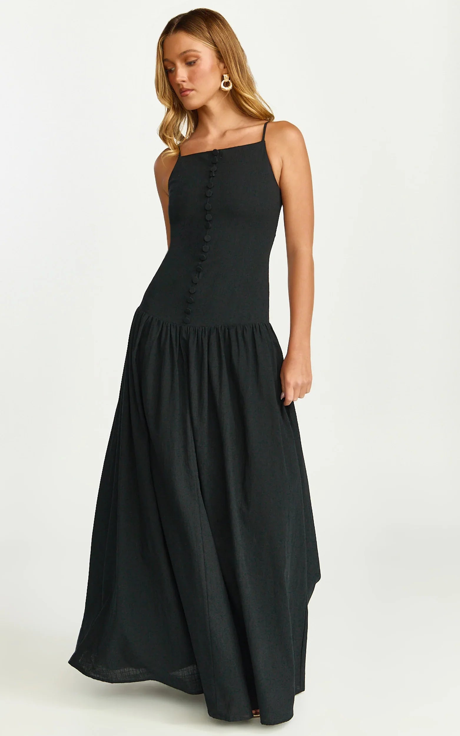 Cortez Maxi Dress - Square Neck Button Down Dropped Waist Dress in Black