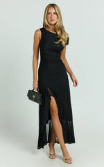Judee Midi Dress - One Shoulder High Side Split Dress in Black