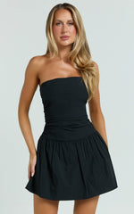 Donatella Mini Dress - Strapless Drop Waist Dress in Black