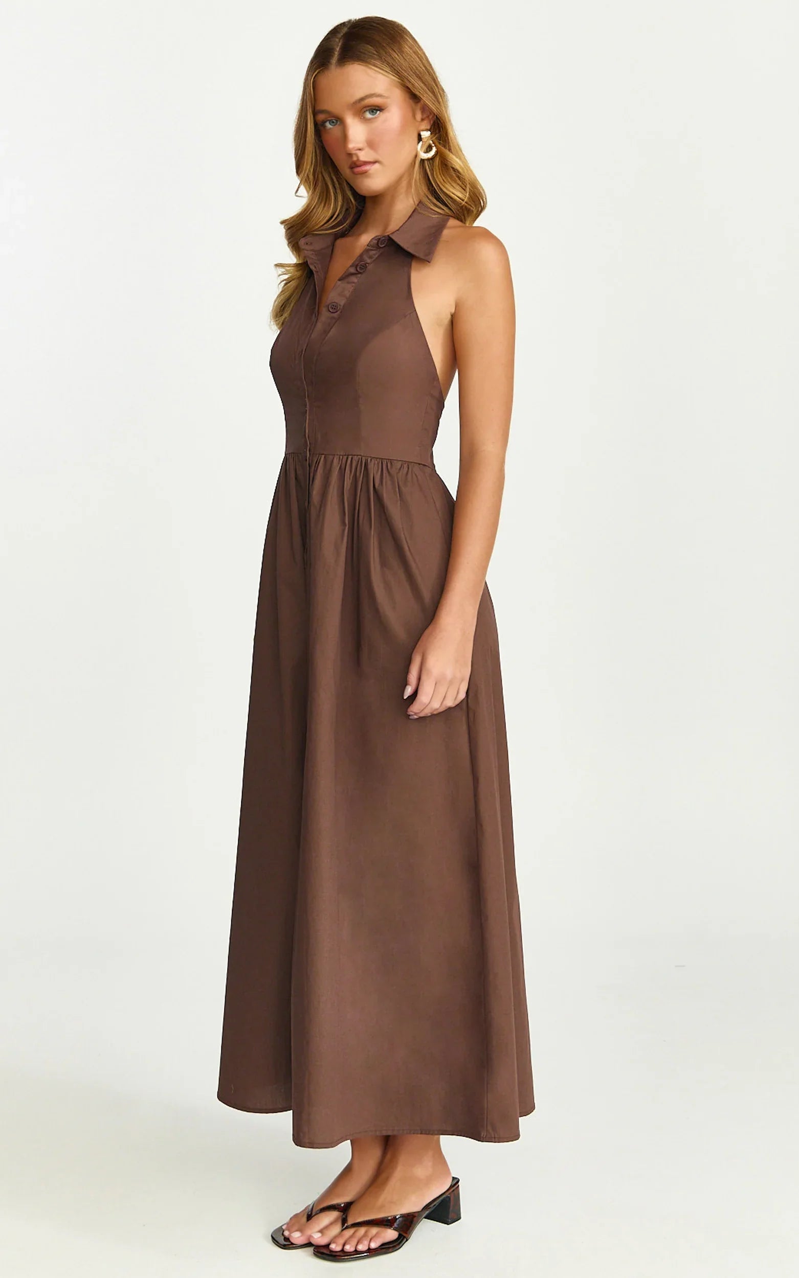 Ruby Midi Dress - Collared Button Down Gathered Waist Skirt Fit And Flare Dress in Dark Chocolate