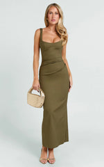 Benita Midi Dress - Scoop Neck Ruched Fitted Dress in Olive