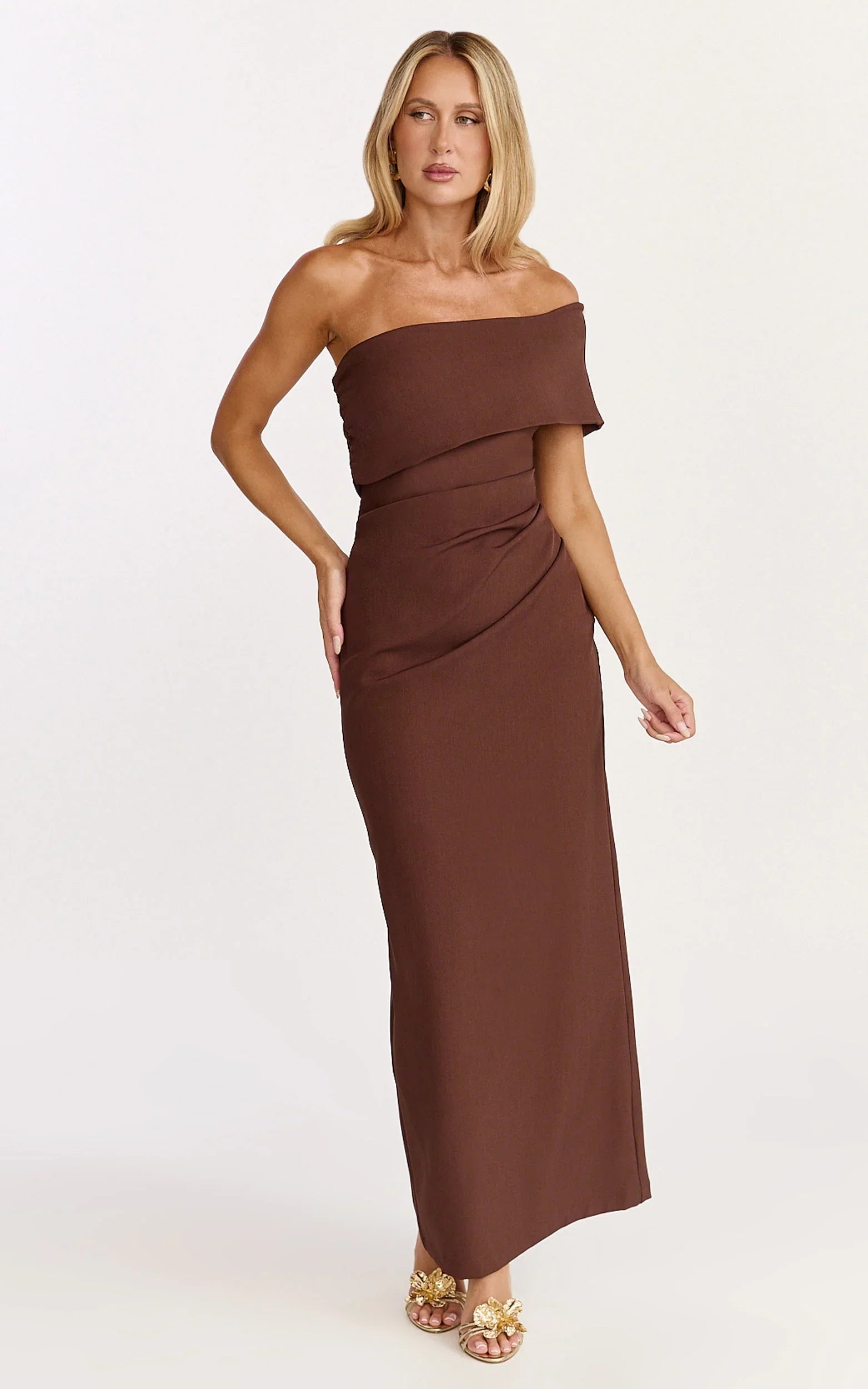 Pearce Maxi Dress - Gathered One Sleeve Bodycon Dress in Brown