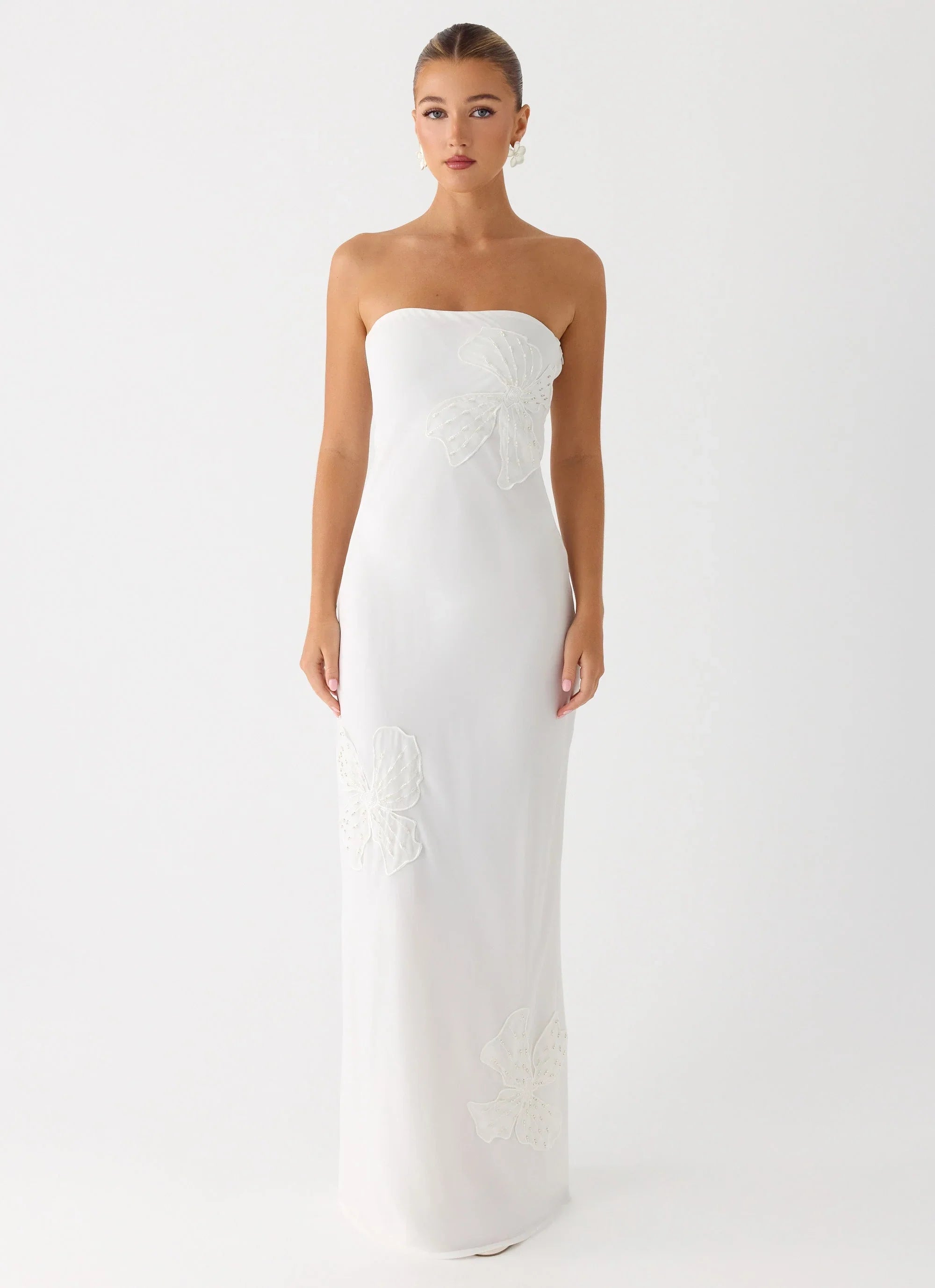 Sassafras Beaded Flower Strapless Maxi Dress - White