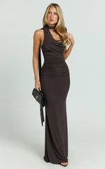 Larson Maxi Dress - Asymmetric Tie Neck Column Dress in Chocolate