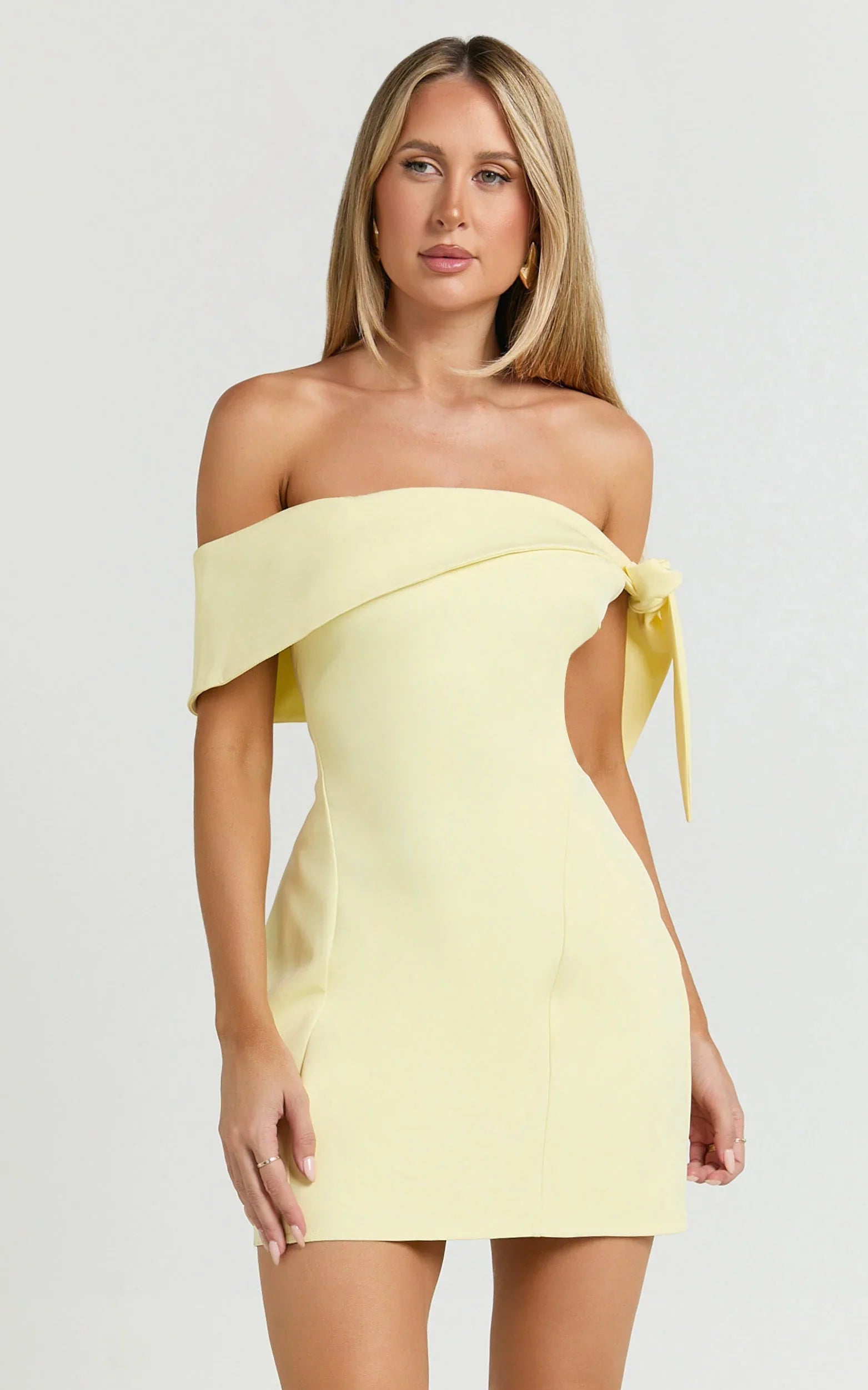 Cecilia Mini Dress - Off Shoulder Tie Detail Dress in Lemon