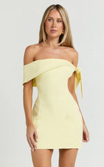 Cecilia Mini Dress - Off Shoulder Tie Detail Dress in Lemon