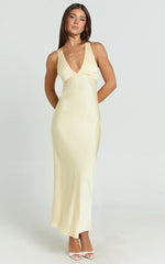 Khalani Midi Dress - Deep V Neck Satin Slip Dress in Butter Yellow