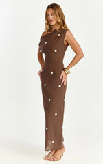 Cia Maxi Dress - Tipped Shoulder Linen Polkadot Dress in Chocolate
