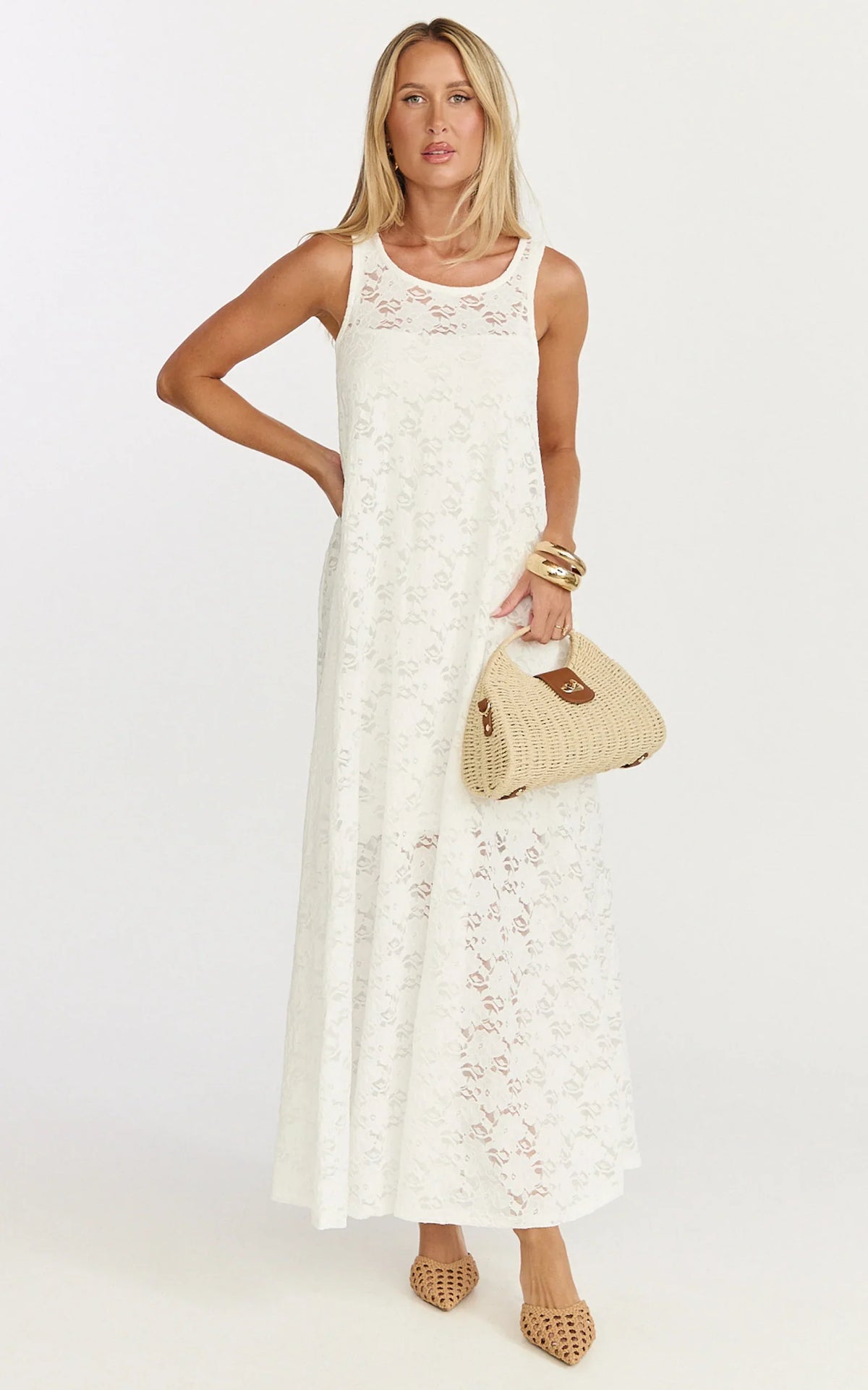 Bella Maxi Dress - Lace Shift Dress in Off White