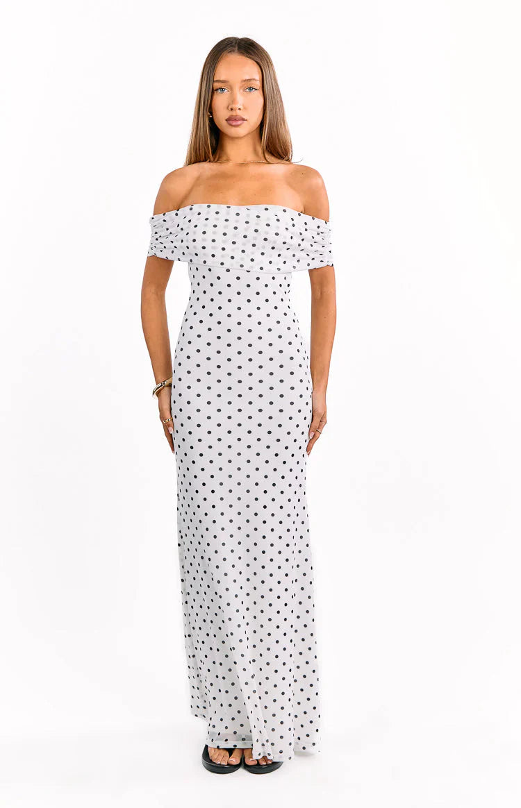 Cole White Polka Mesh Maxi Dress