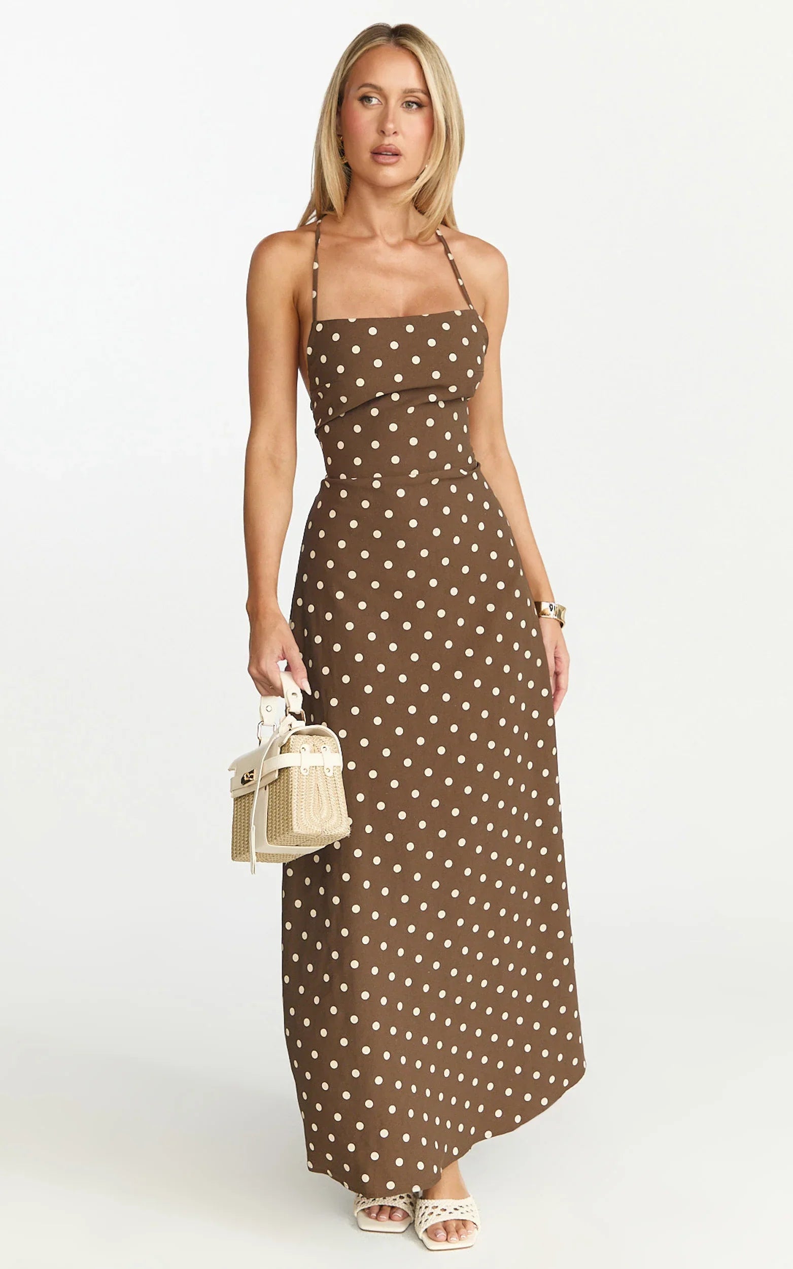 Leighton Maxi Dress - Cross Over Spaghetti Straps Square Neck A Line Dress in Choc/Cream Polka Dot