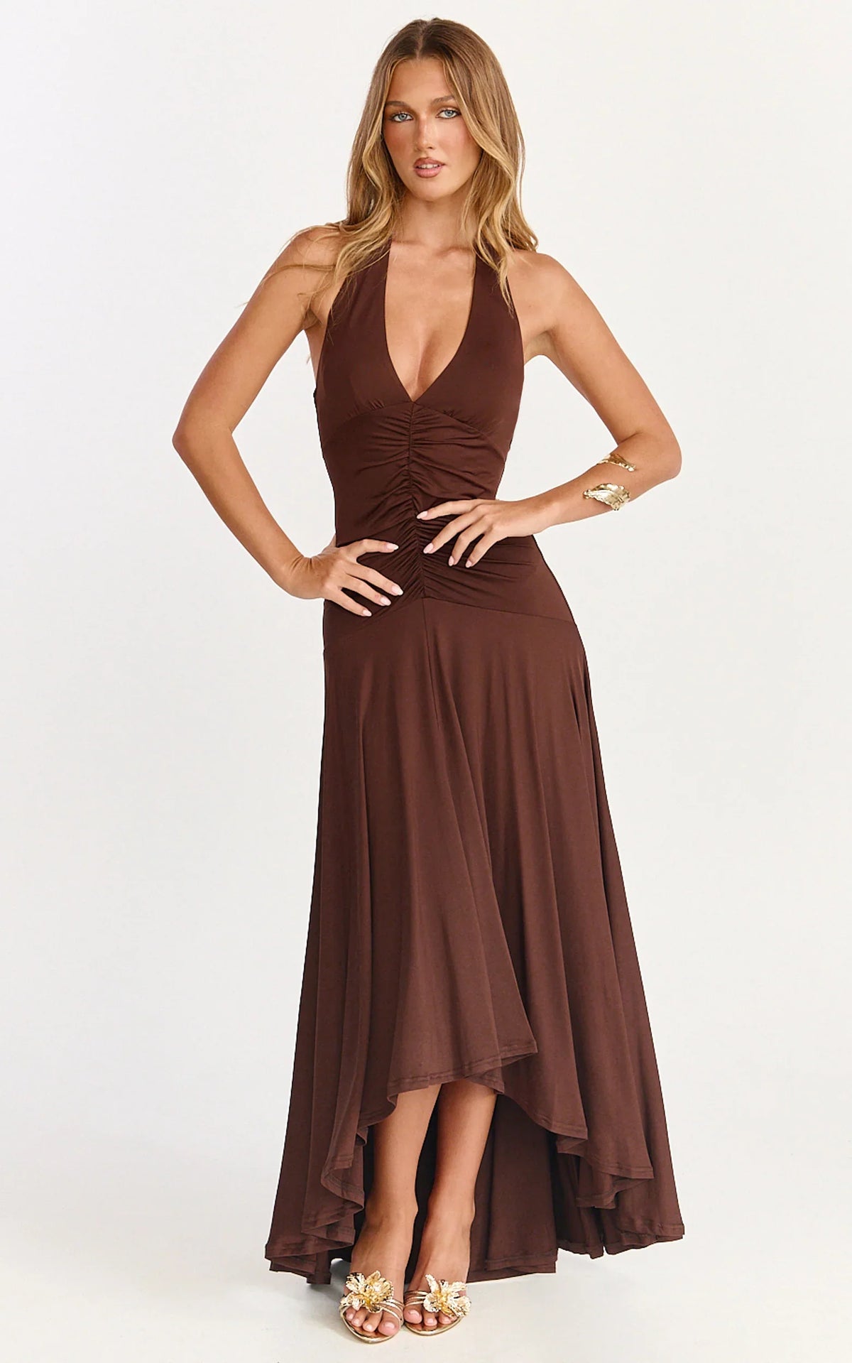 Celeste Maxi Dress - Gathered Bodice Dropped Waist Halter Dress in Chocolate