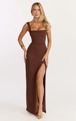 Donna Maxi Dress - Cowl Neck Column High Split Dress in Chocolate