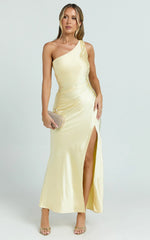 Isla Maxi Dress - Satin One Shoulder Side Split Dress in Lemon