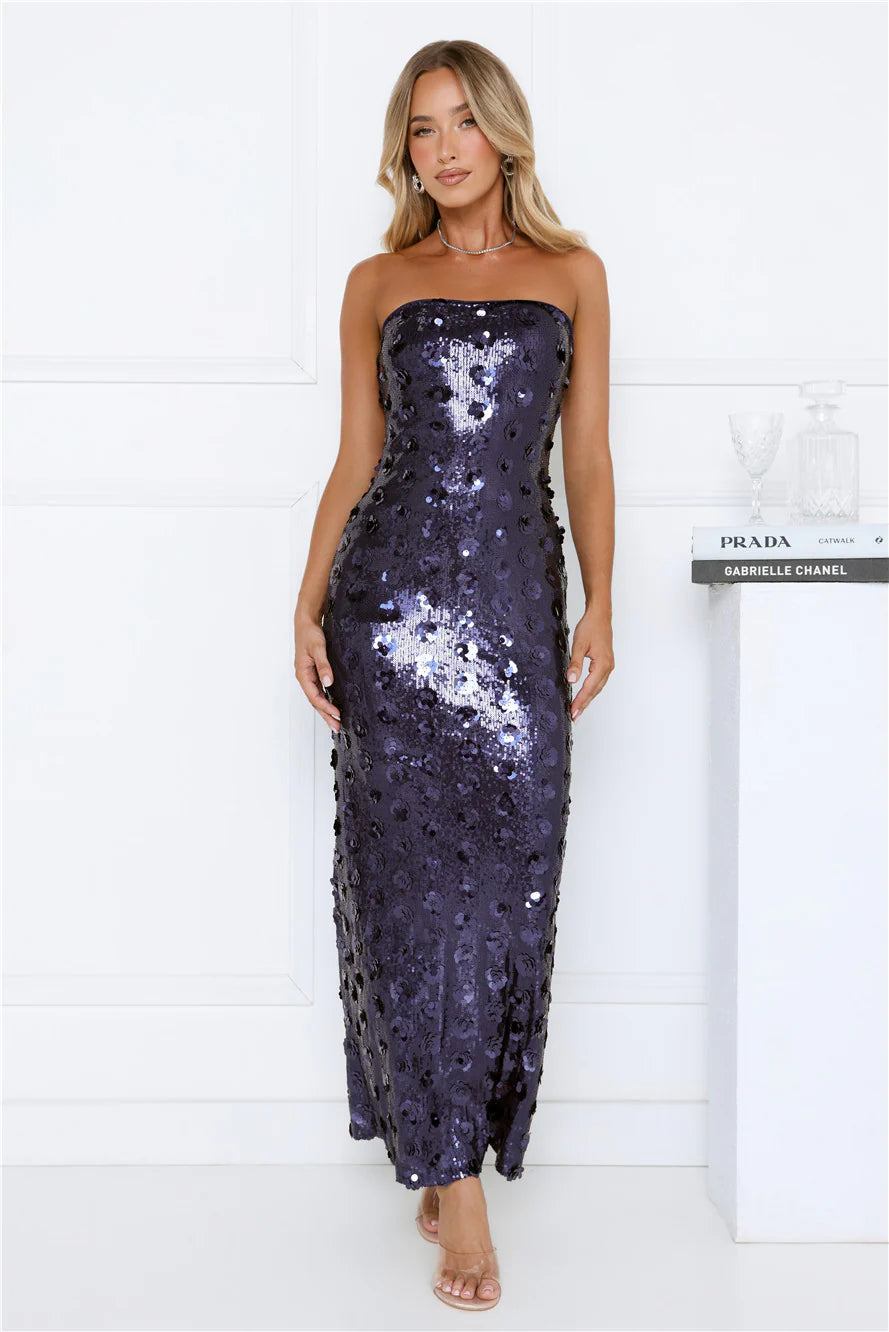 Shimmer Shine Sequin Strapless Maxi Dress Navy