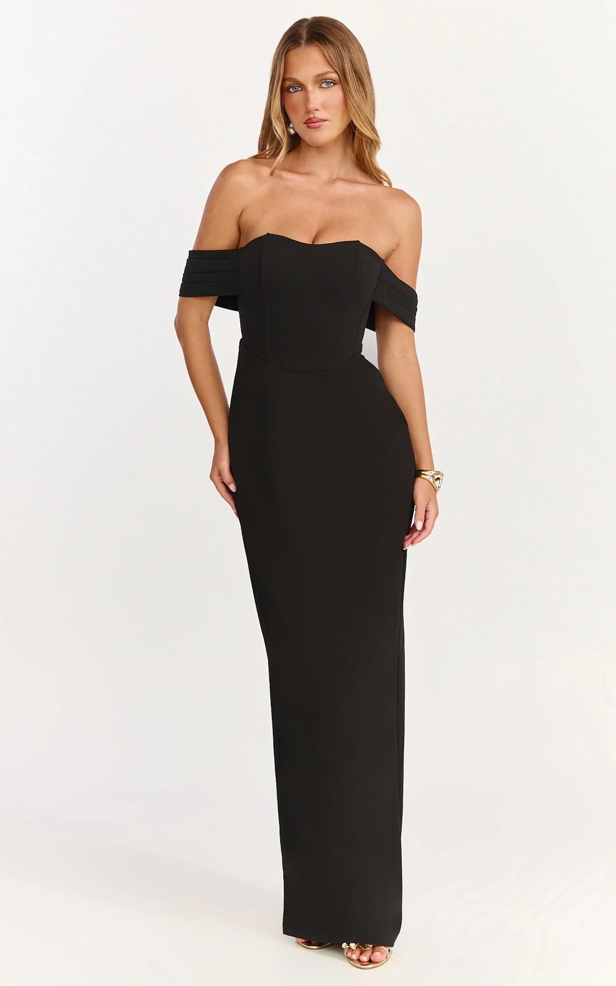 Karina Maxi Dress - Off Shoulder Corset Bodice Lace Up Back Dress in Black