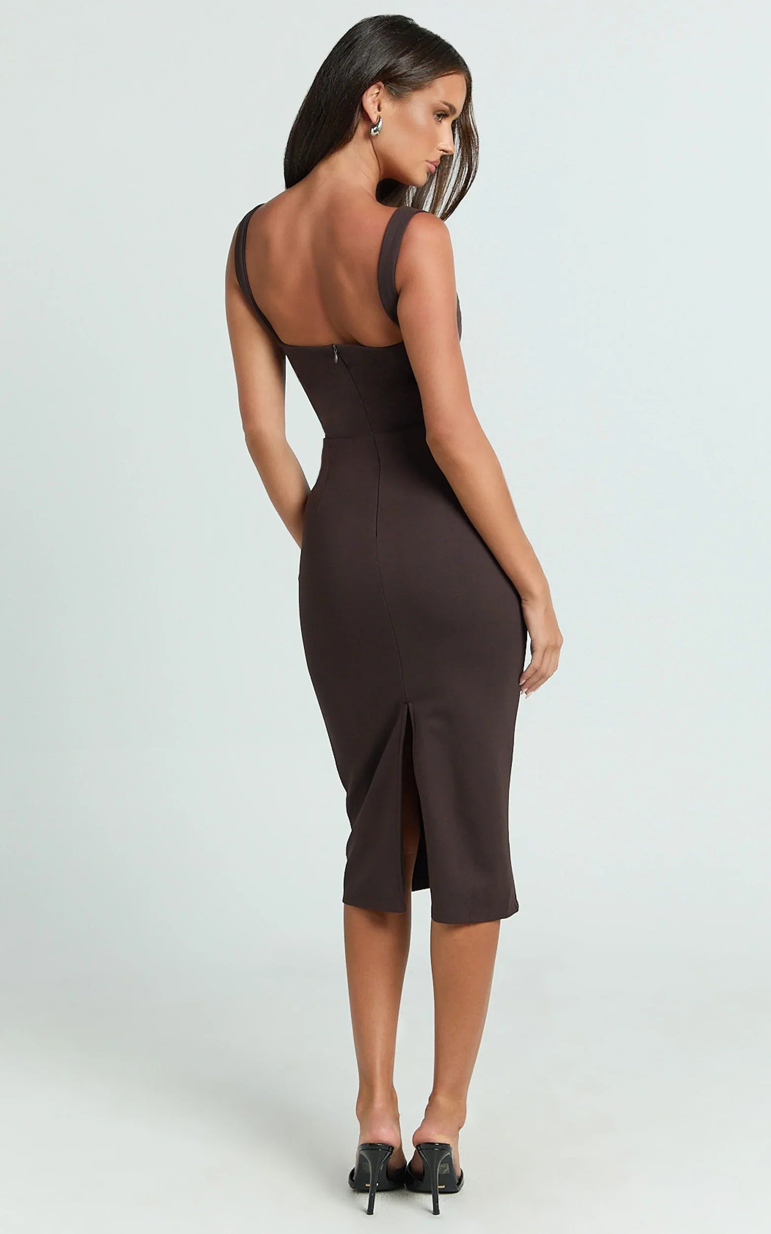 Tiffy Midi Dress - Square Neck Ruched Bodycon Dress in Chocolate
