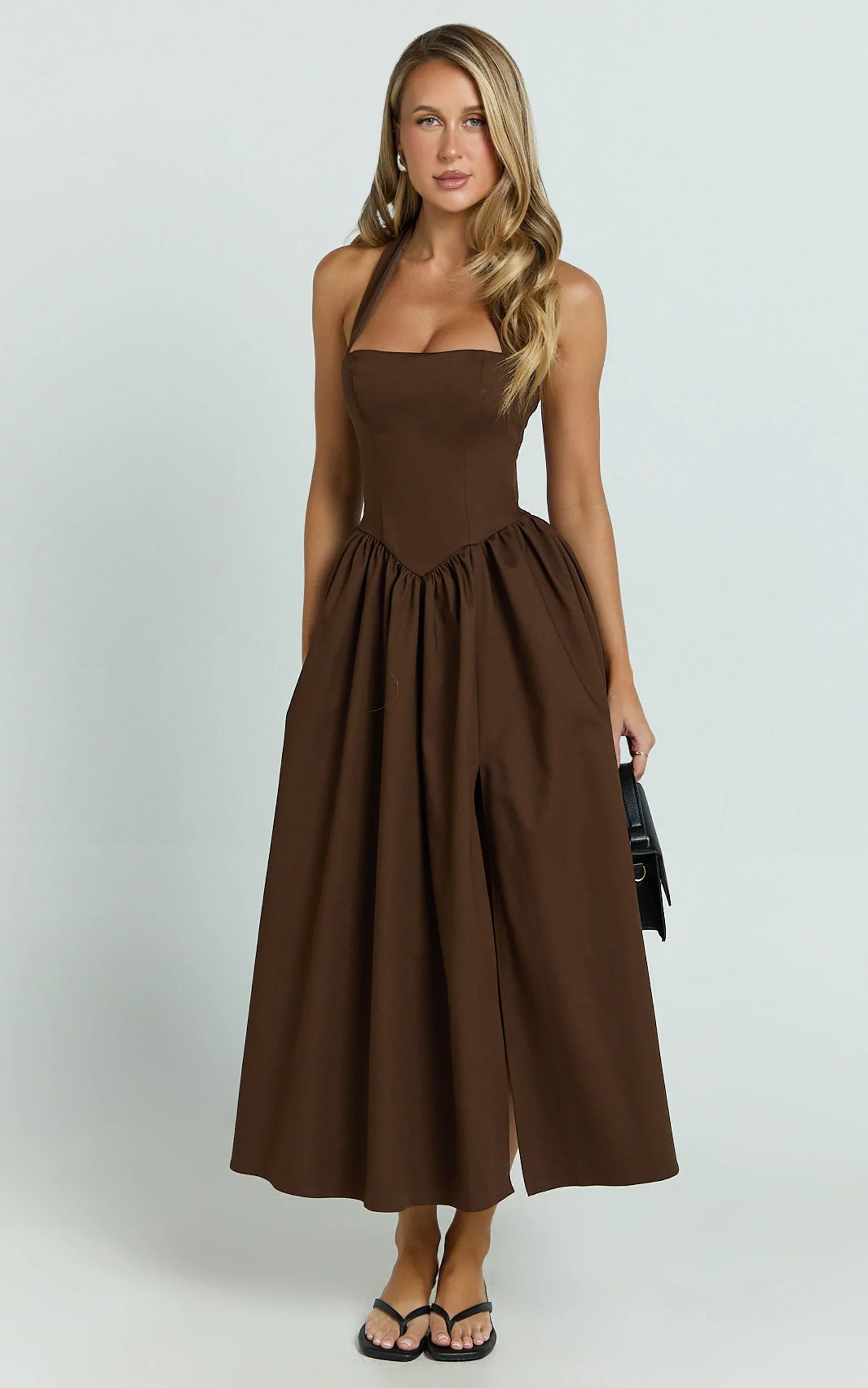 Helda Midi Dress - Halter Tie Neck Corset Panel Dress in Chocolate