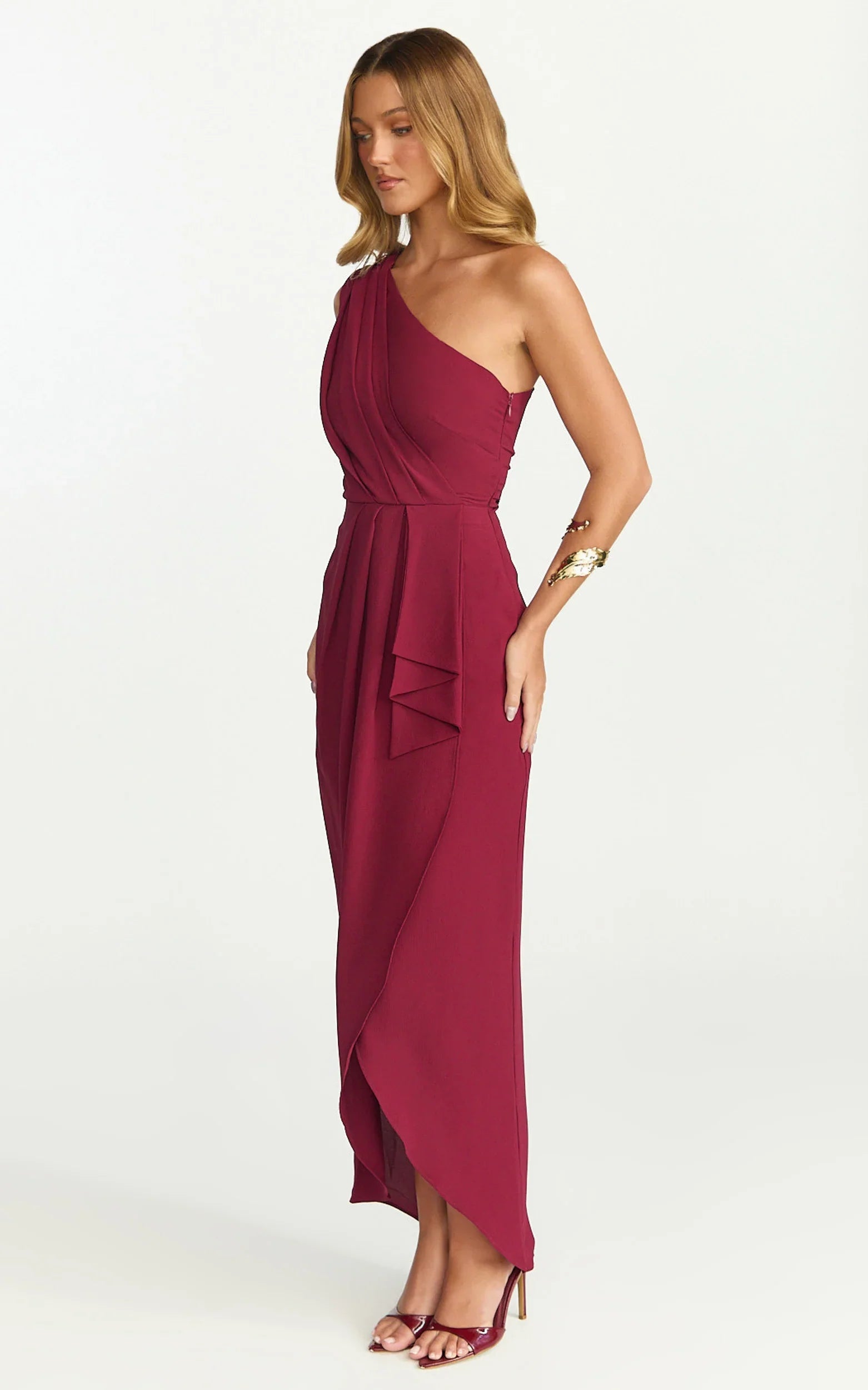 Namaari Midi Dress - Faux Wrap One Shoulder Dress in Wine